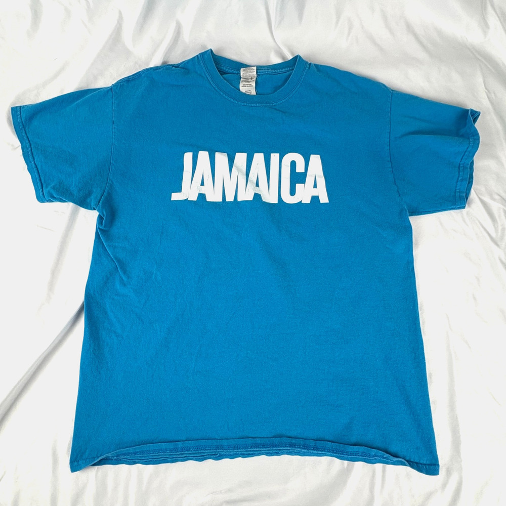 JAMAICA T-Shirt Mens Large Cyan Blue White Letters Gildan Heavy Cotton 20x25.5